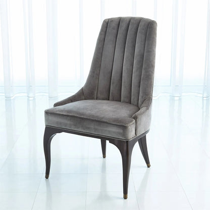 Channel Grey Tufted Dining Chair by Global Views in walnut, muslin and dark waxed oiled walnut. Made from unique in a traditional style.