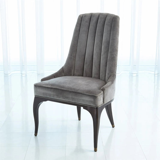 Channel Grey Tufted Dining Chair by Global Views in walnut, muslin and dark waxed oiled walnut. Made from unique in a unique style.