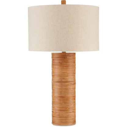 Salome Table Lamp by Currey and Company in brass, natural rattan. Made from wrought iron, rattan in a coastal style.