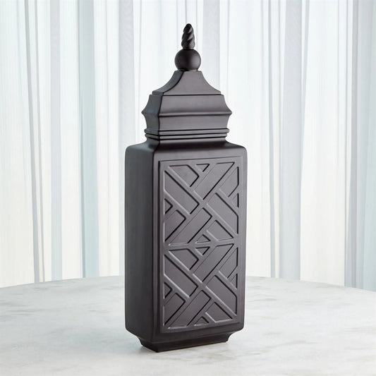 Chinoiserie Jar by Global Views in matte black. Made from unique in a traditional style.
