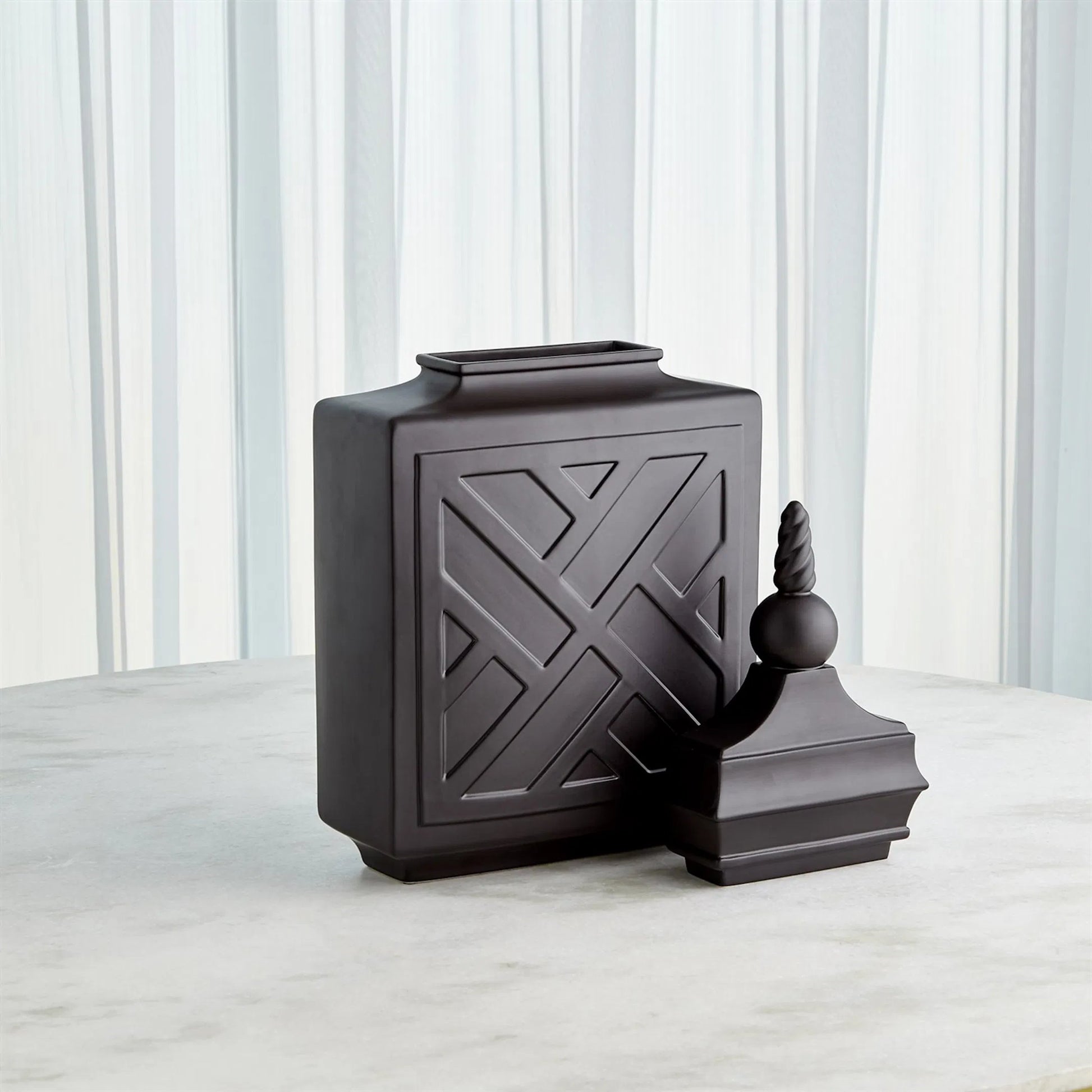 Chinoiserie Jar by Global Views in matte black. Made from unique in a traditional style.
