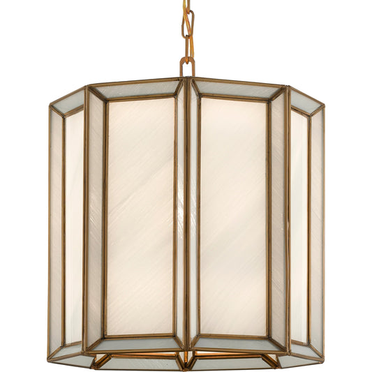 Daze Pendant by Currey and Company in antique brass, white. Made from brass, iron, milk glass in a modern style.