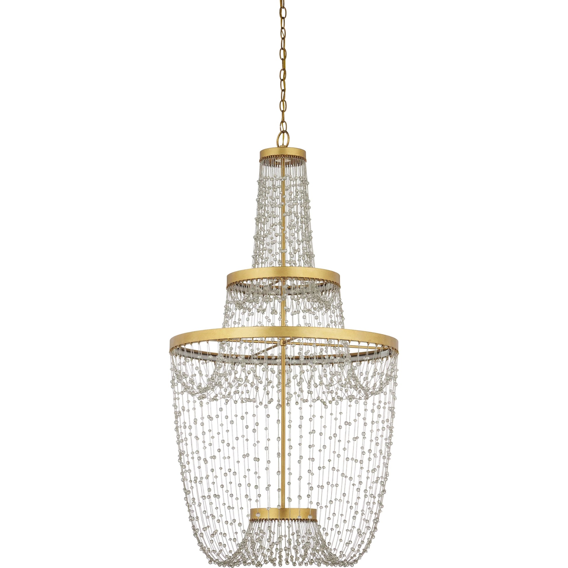 Mademoiselle Chandelier by Currey and Company in contemporary gold leaf, contemporary gold, clear. Made from glass beads, wrought iron in a unique style.