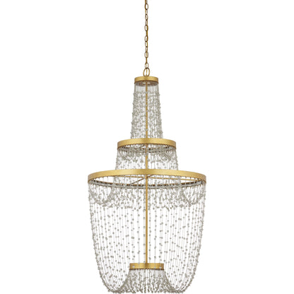 Mademoiselle Chandelier by Currey and Company in contemporary gold leaf, contemporary gold, clear. Made from glass beads, wrought iron in a unique style.