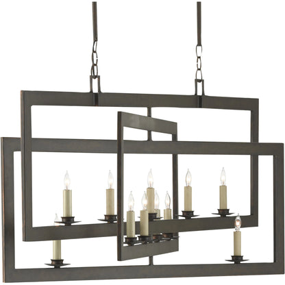 Middleton Rectangular Chandelier by Currey and Company. Made from wrought iron in a modern style.
