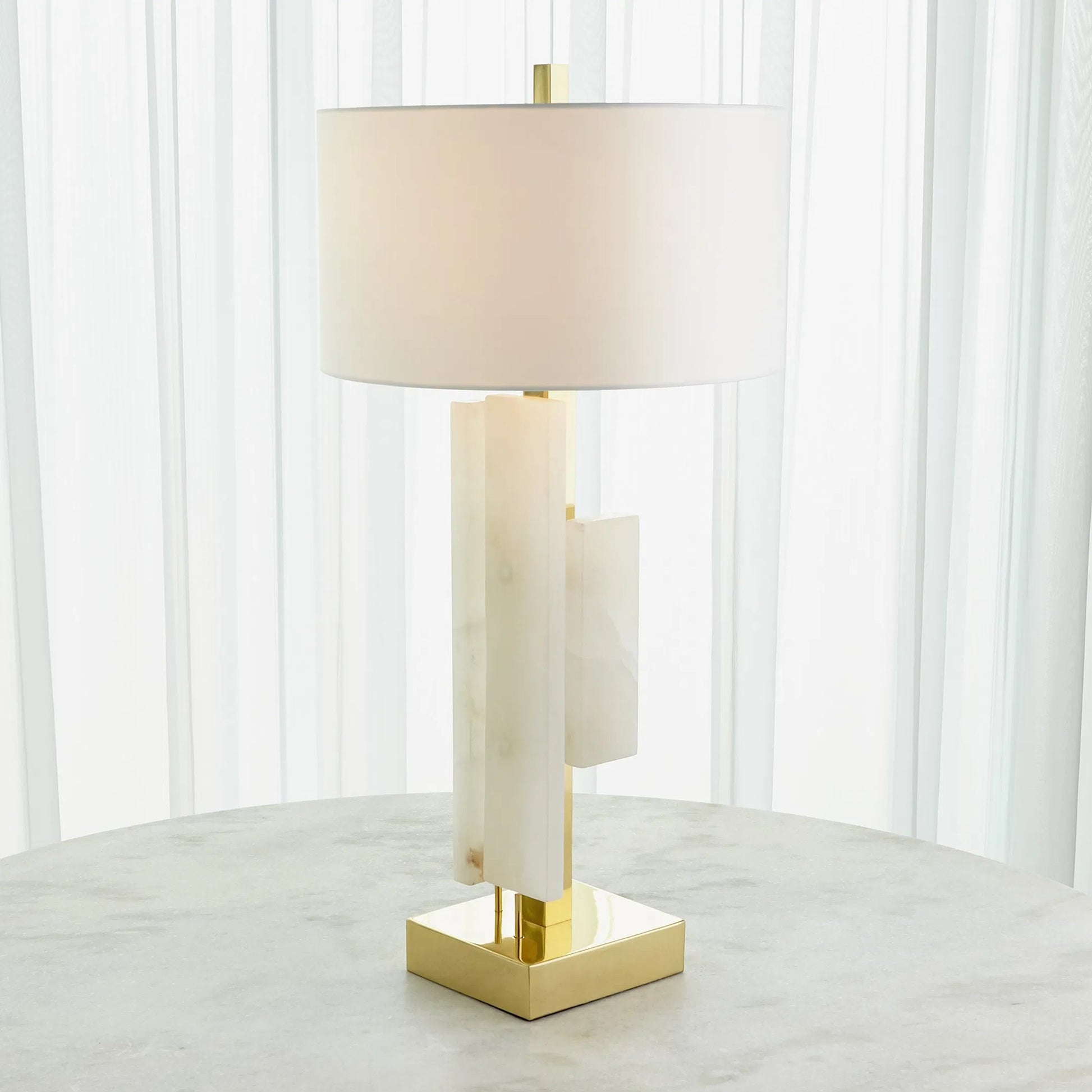 Posh Block Table Lamp by Global Views. Made from brass, white alabaster in a unique style.