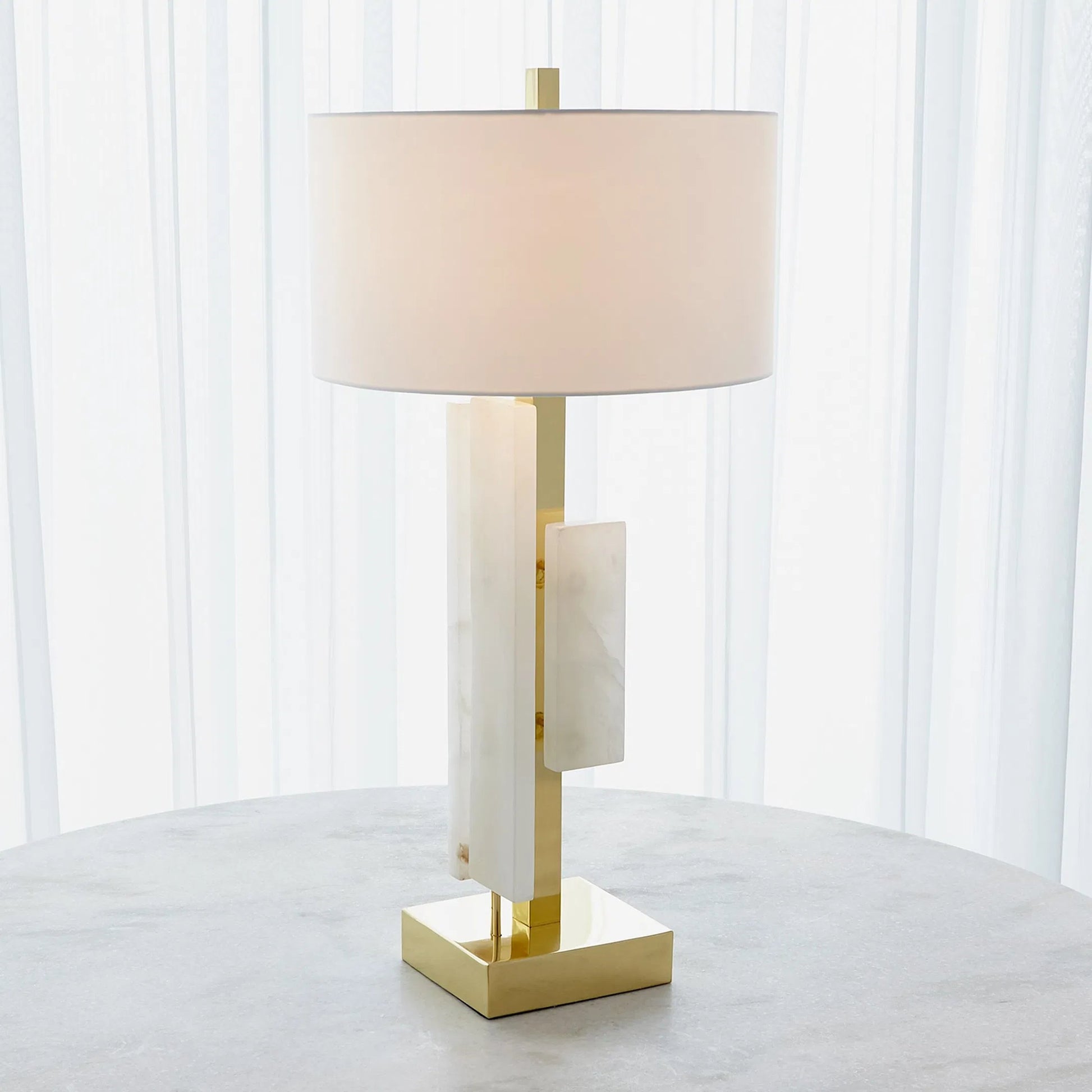 Posh Block Table Lamp by Global Views. Made from brass, white alabaster in a unique style.