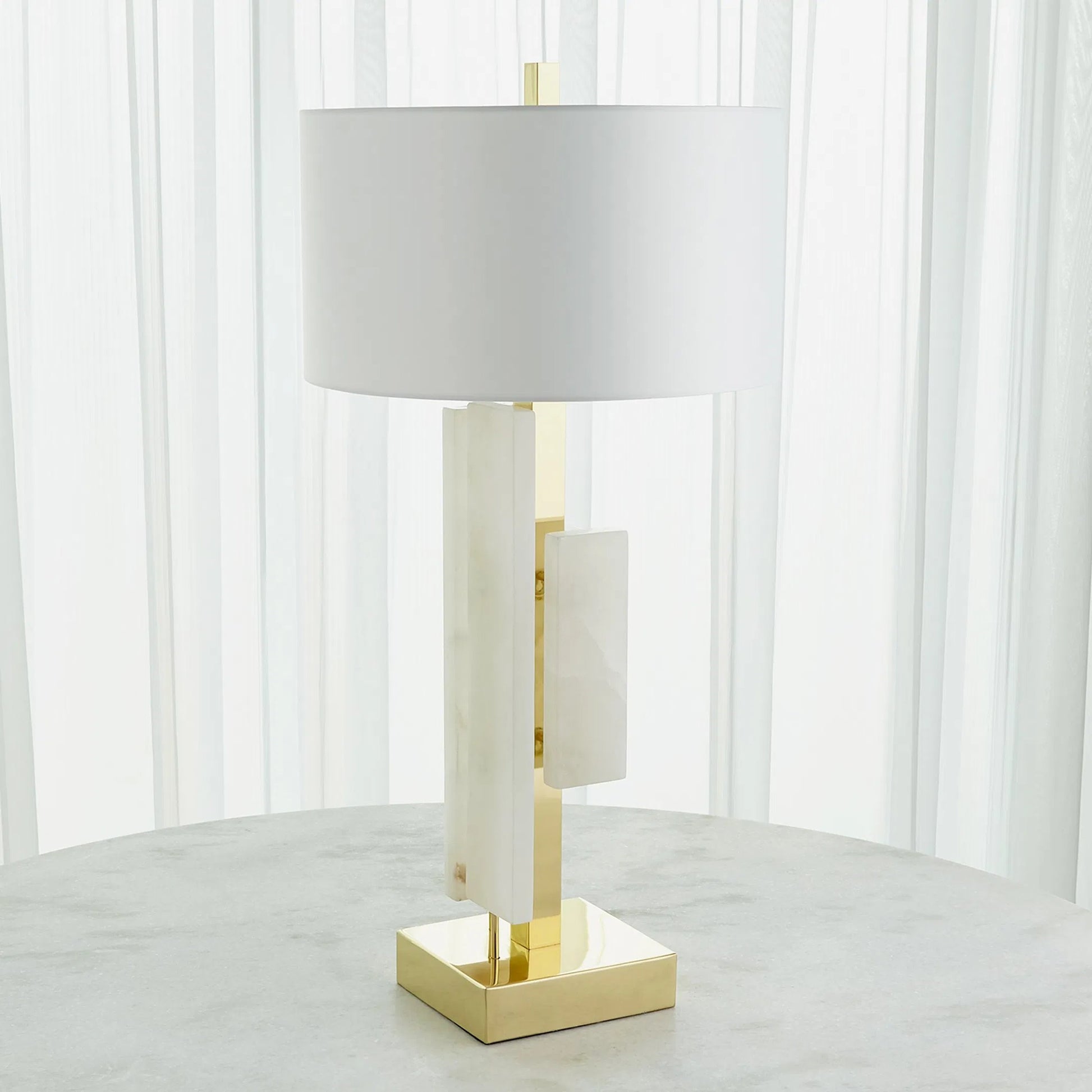 Posh Block Table Lamp by Global Views. Made from brass, white alabaster in a unique style.