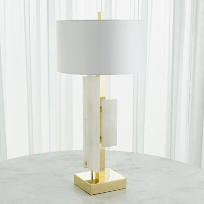 Posh Block Table Lamp by Global Views. Made from brass, white alabaster in a unique style.