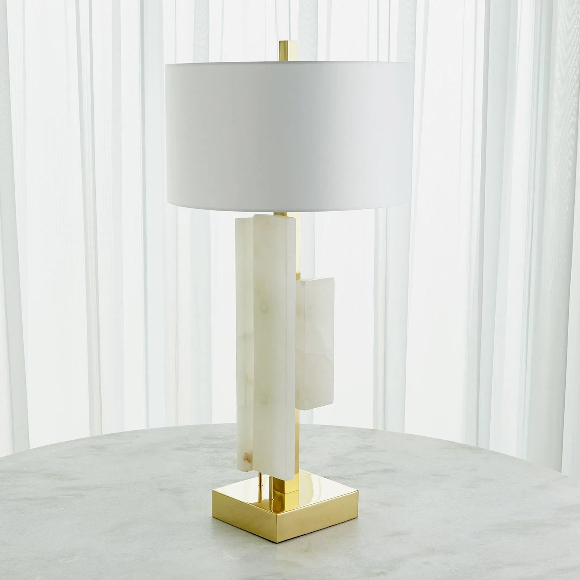 Posh Block Table Lamp by Global Views. Made from brass, white alabaster in a unique style.