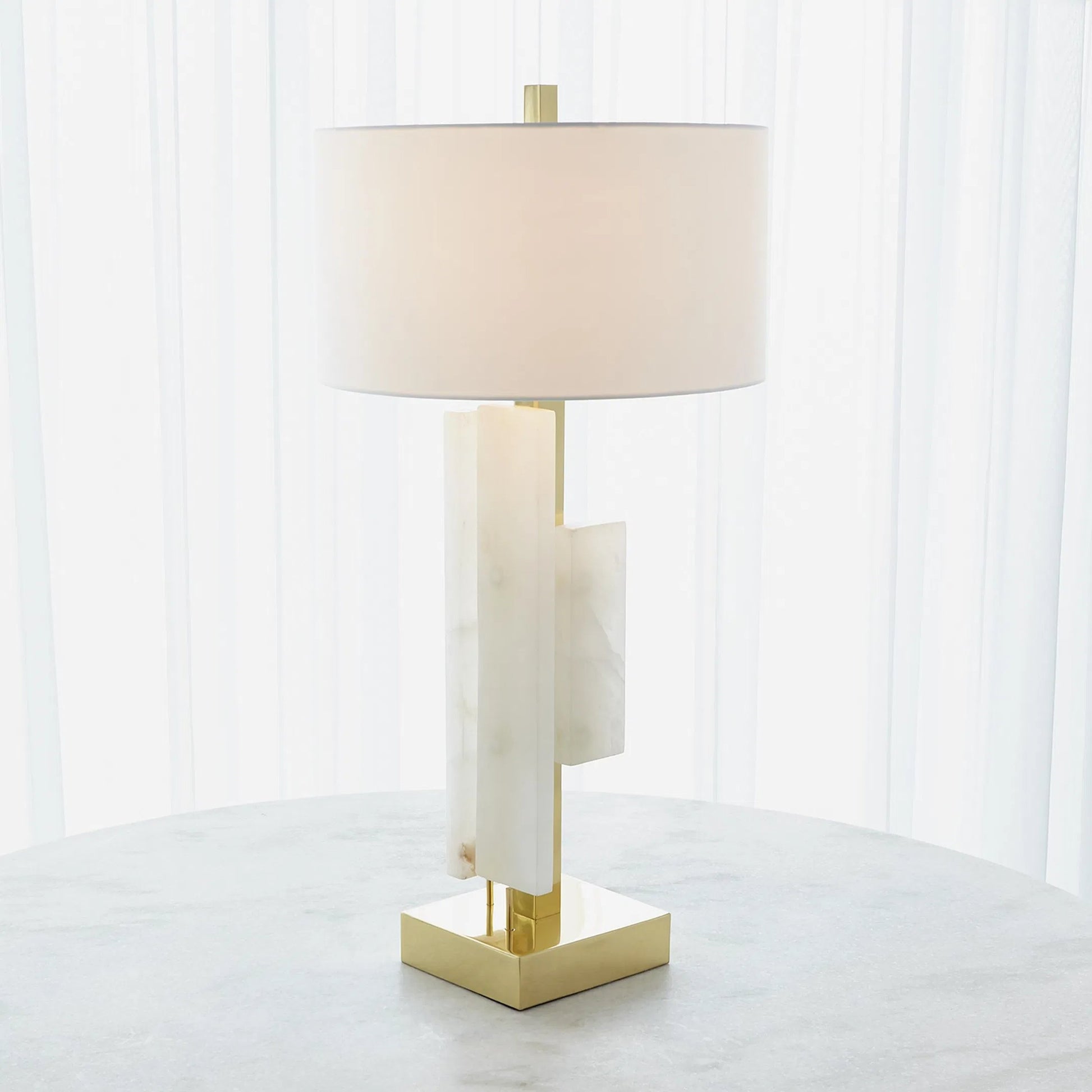 Posh Block Table Lamp by Global Views. Made from brass, white alabaster in a unique style.