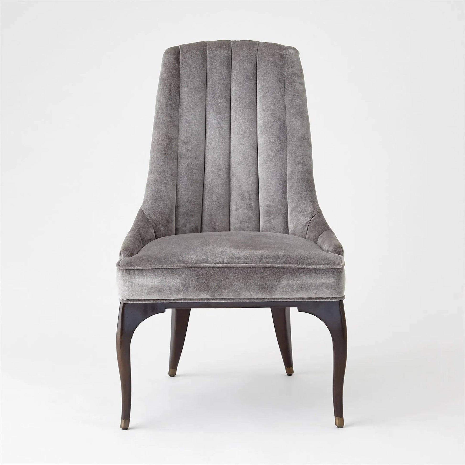 Channel Grey Tufted Dining Chair by Global Views in walnut, muslin and dark waxed oiled walnut. Made from unique in a traditional style.
