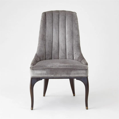 Channel Grey Tufted Dining Chair by Global Views in walnut, muslin and dark waxed oiled walnut. Made from unique in a traditional style.