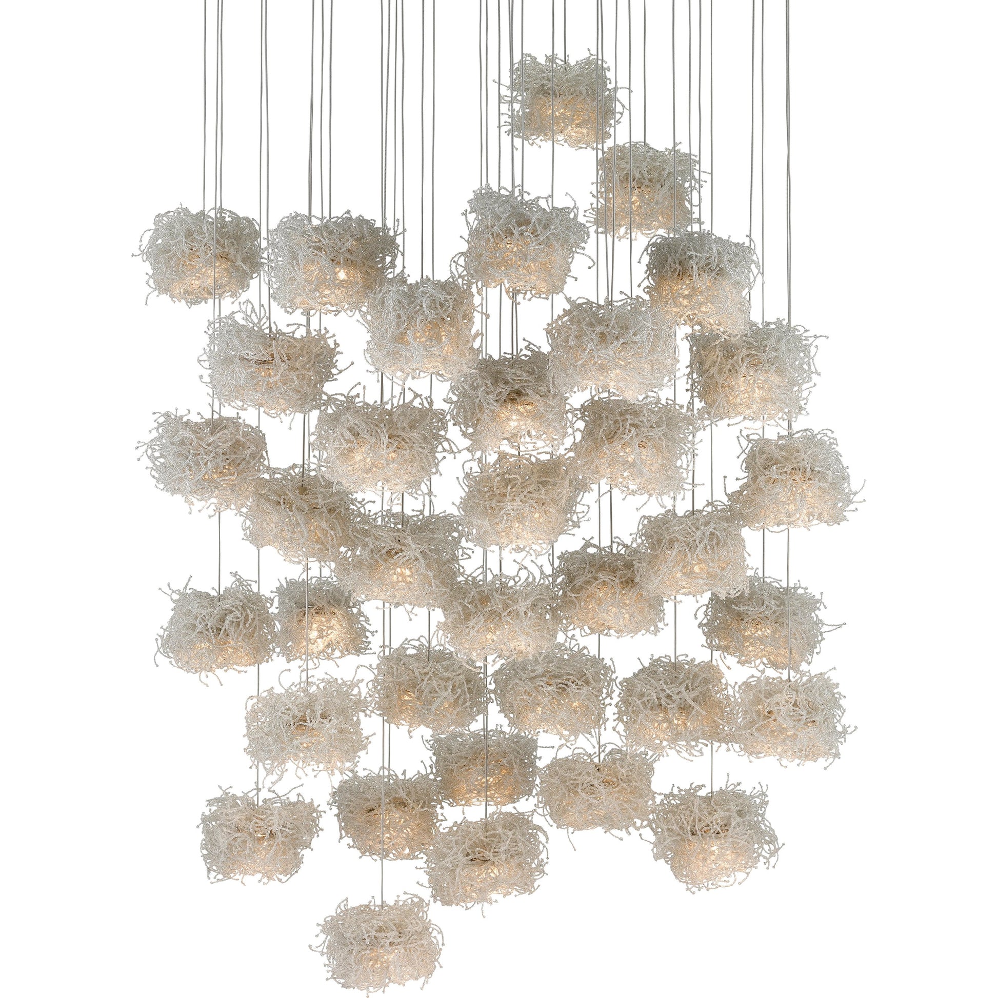 Birds Nest Pendant by Currey and Company in painted silver, clear. Made from metal, glass bead in a modern style.