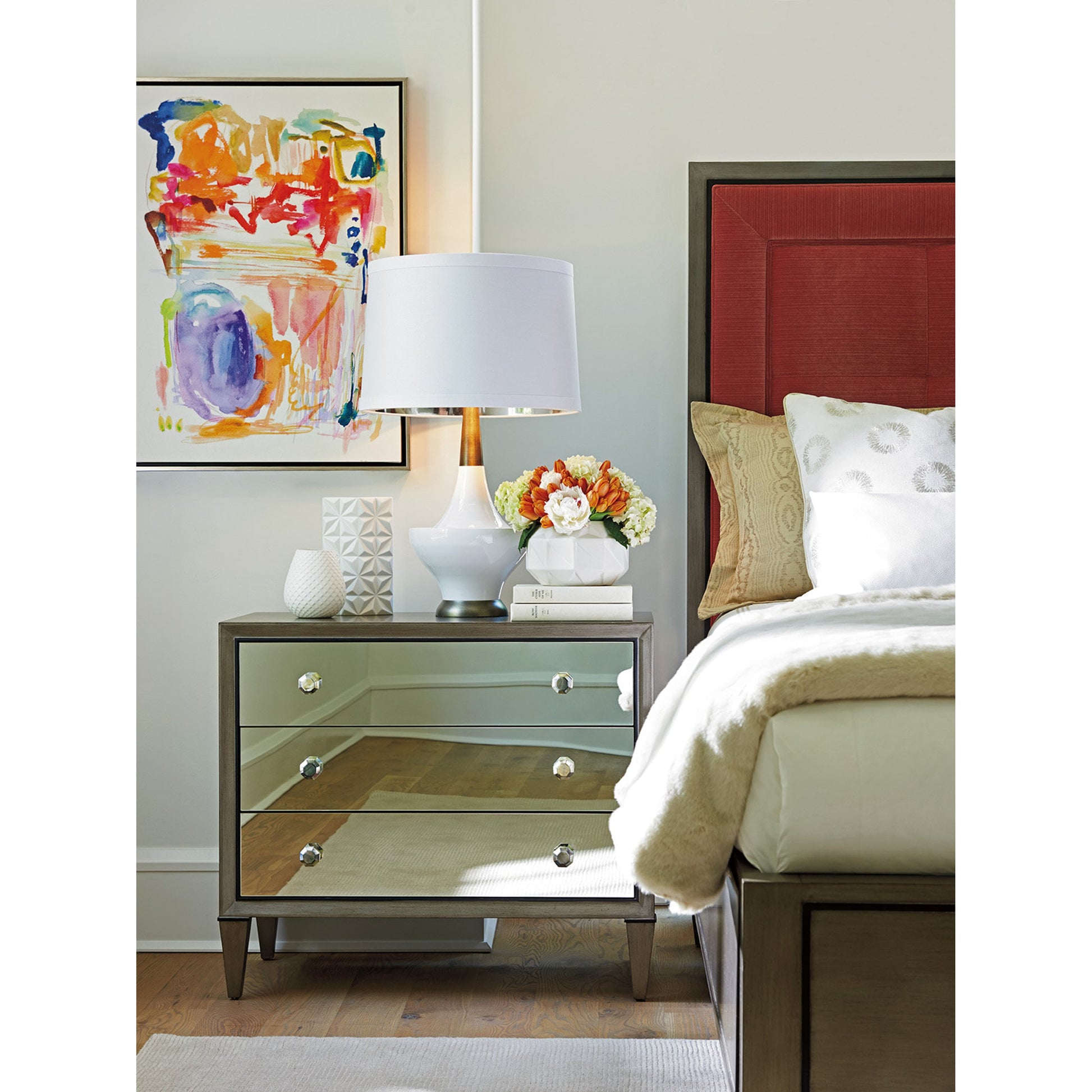 Divonne Mirrored Nightstand by Lexington in silver gray. Made from unique in a transitional style.
