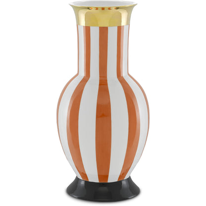 De Luca Stripe Vase by Currey and Company in coral. Made from porcelain in a modern style.