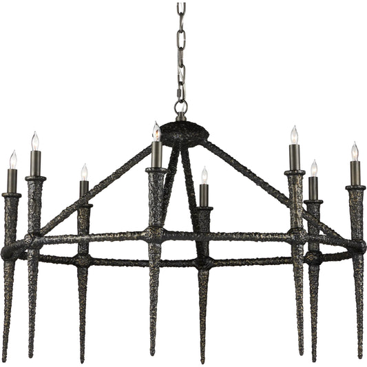 Blackthorn Chandelier by Currey and Company in aged bronze. Made from cast aluminum in a unique style.