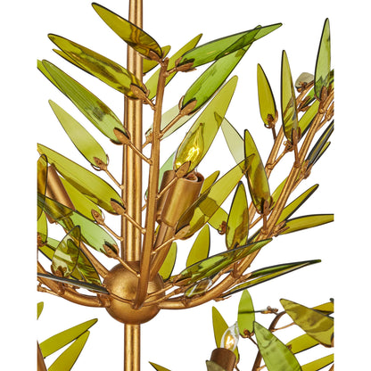 Babylon Two-Tier Chandelier by Currey and Company in green, contemporary gold leaf. Made from recycled bottle glass, wrought iron in a modern style.