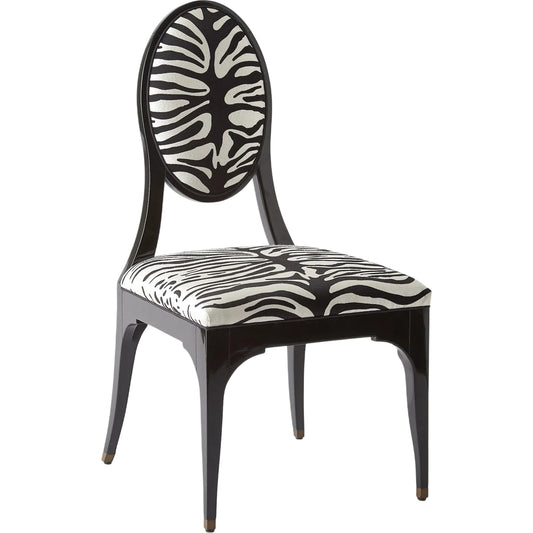 Zebra Dining Chair by Global Views in brass. Made from rubberwood, wood, fabric, computer embroidery work on cotton duck fabric in a eclectic & global style.