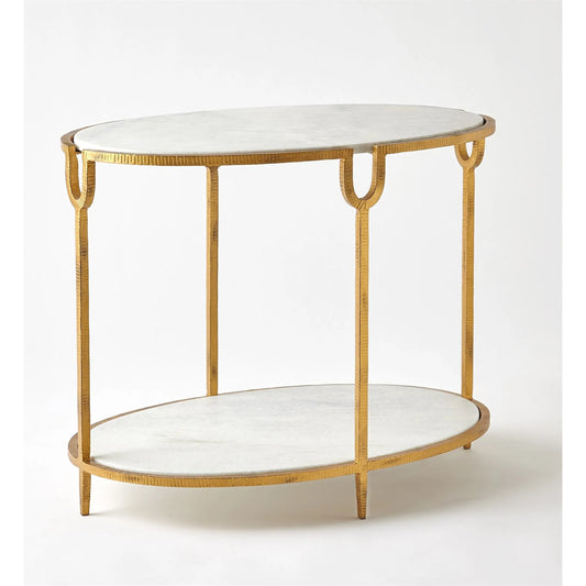 Stone Side Table by Global Views in gold leaf. Made from iron, udaipur white marble in a transitional style.