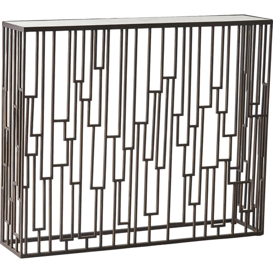Shingle Hall Table by Global Views in brown powder coat, gold rub. Made from iron, white marble in a transitional style.