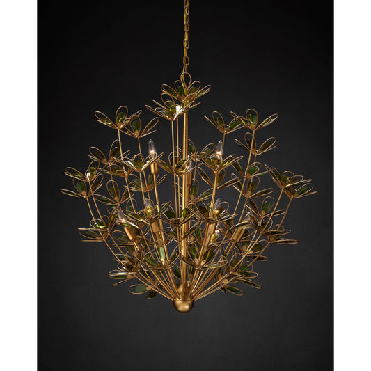 Midsummer Chandelier by Currey and Company in contemporary gold leaf, contemporary gold, green. Made from wrought iron, recycled bottle glass in a modern style.
