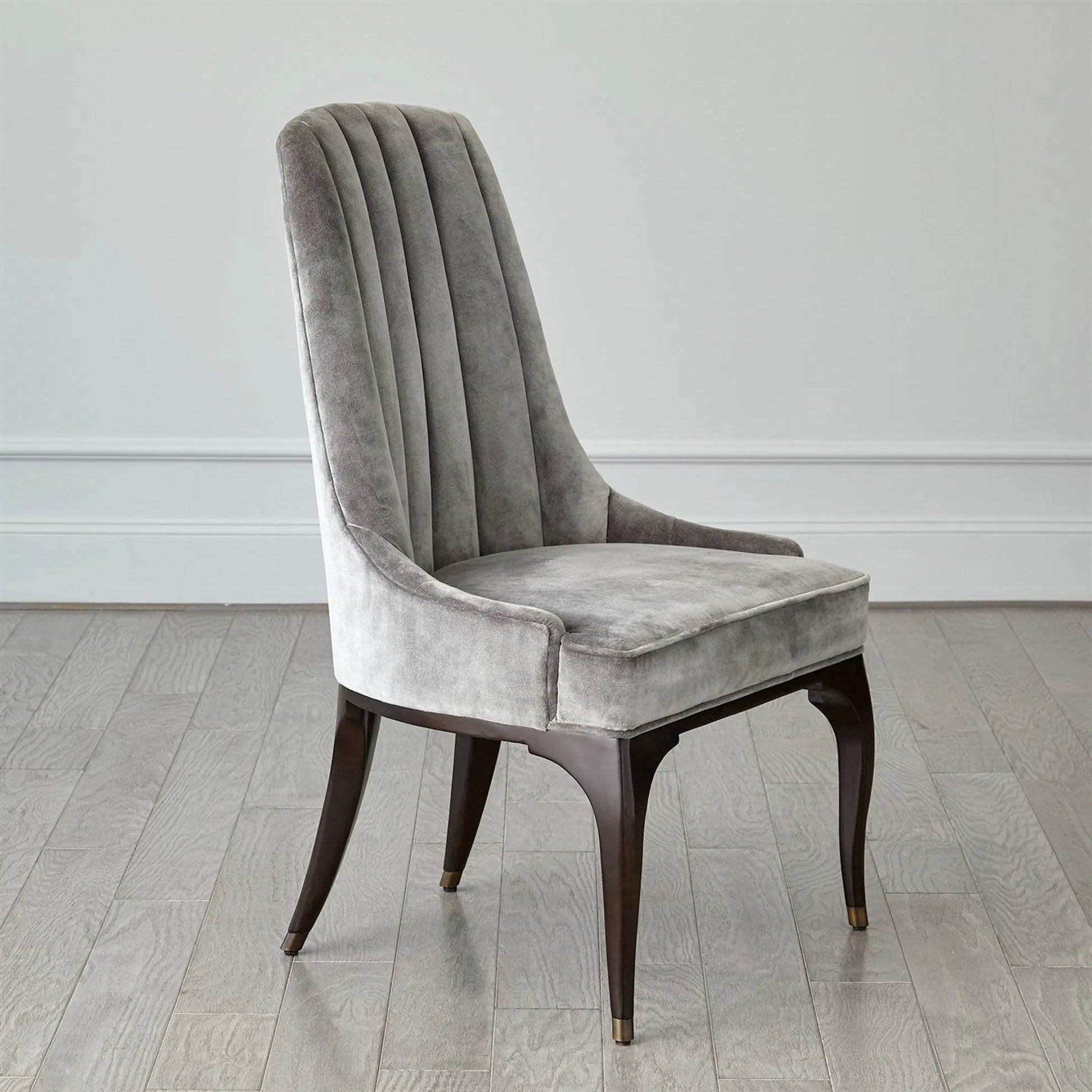 Channel Grey Tufted Dining Chair by Global Views in walnut, muslin and dark waxed oiled walnut. Made from unique in a traditional style.