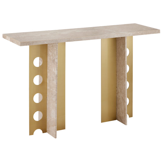 Selene Console Table by Currey and Company in natural, polished brass. Made from stone, iron in a modern style.