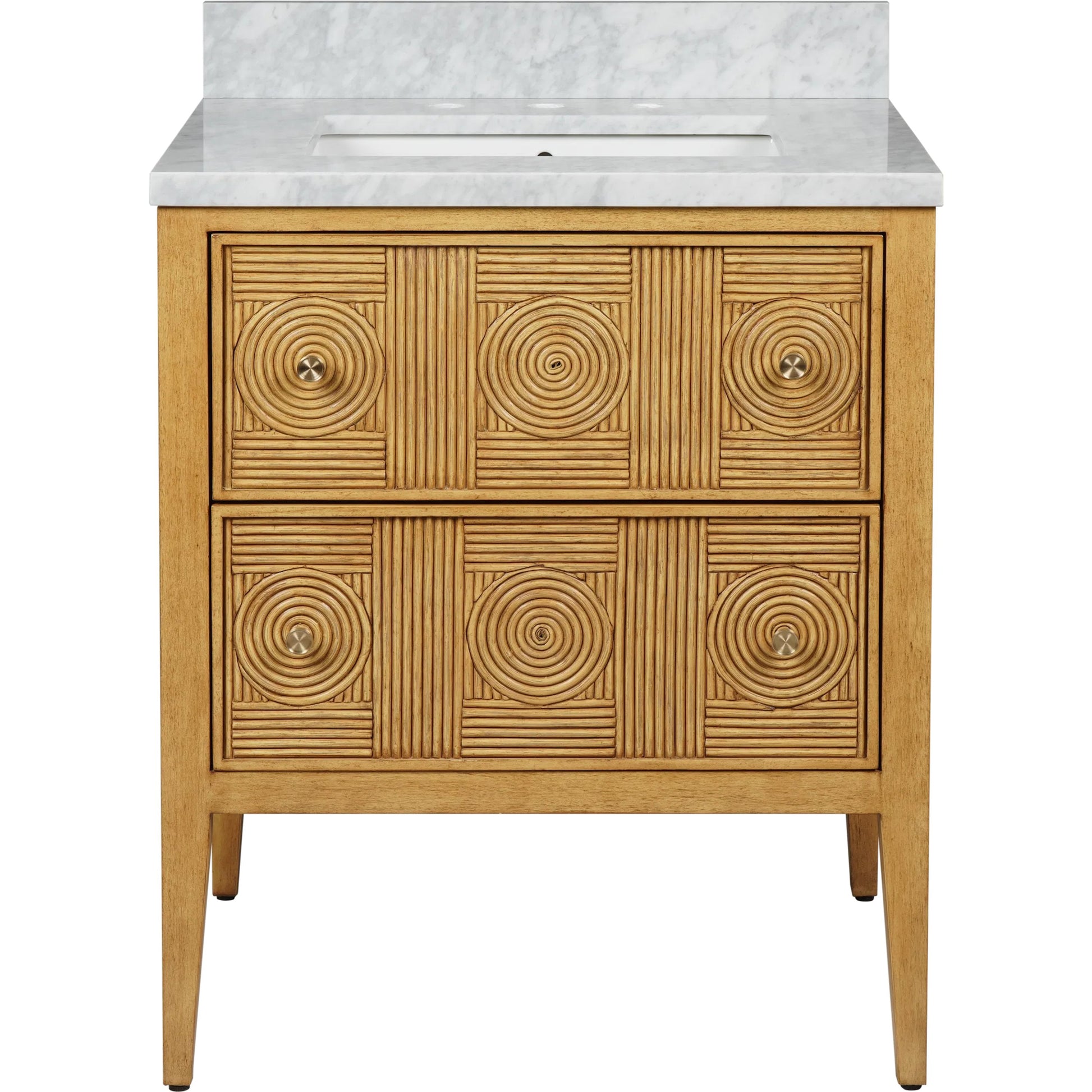 Santos 28" Vanity with Undermount Sink by Currey and Company. Made from rattan, mahogany, carrara marble, vitreous china, sungkai wood, brass in a unique style.