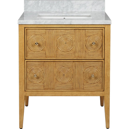 Santos 28" Vanity with Undermount Sink by Currey and Company. Made from rattan, mahogany, carrara marble, vitreous china, sungkai wood, brass in a unique style.