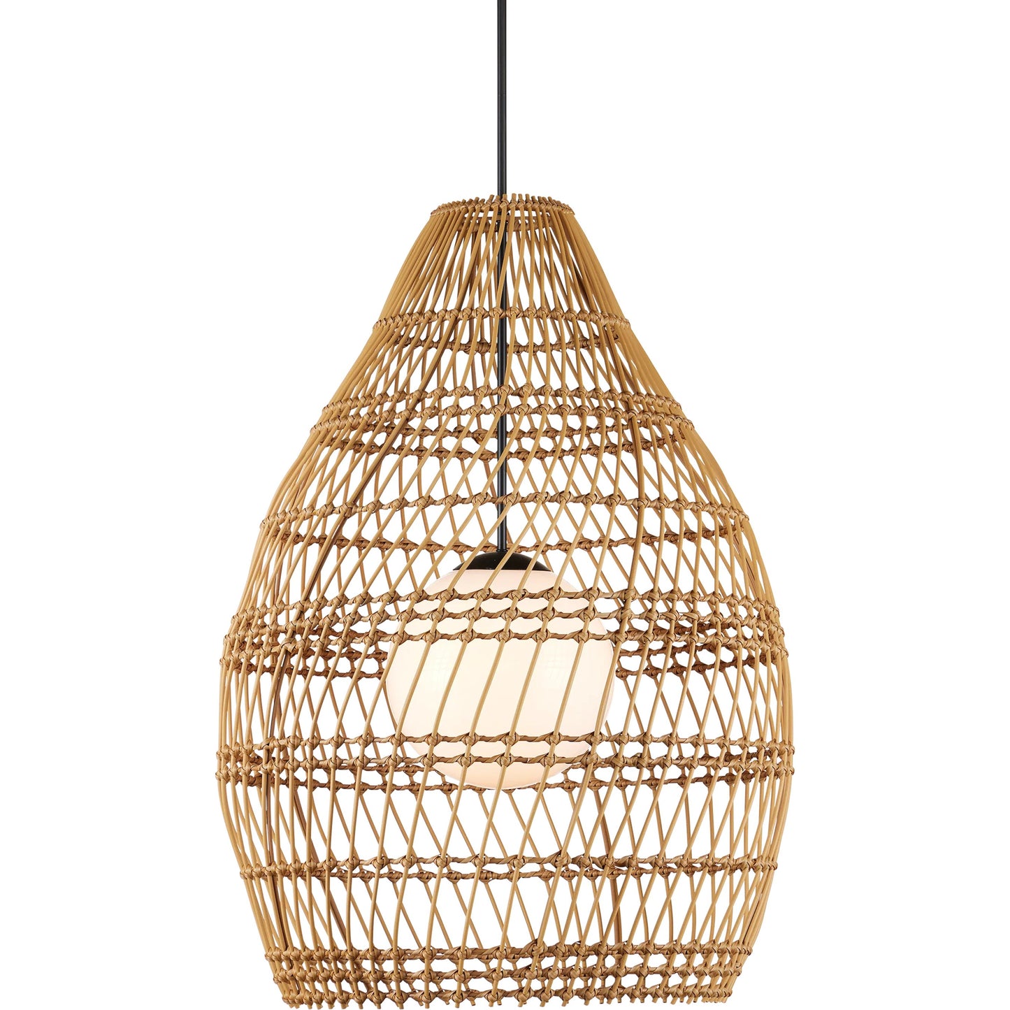 001 SI-2387025 | Primary Silo | Fishtrap Outdoor Pendant by Currey and Company in natural, black, frosted white. Made from all-weather wicker, metal, glass in a unique style.