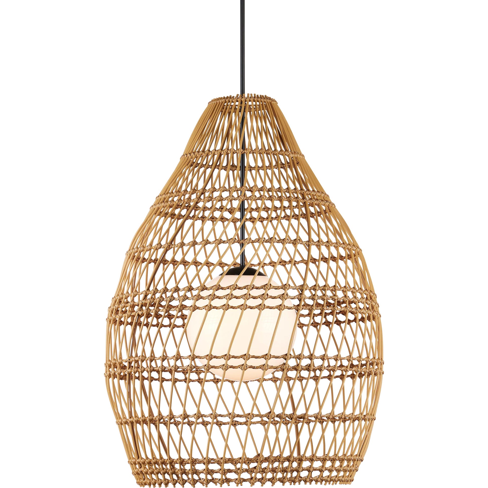 Fishtrap Outdoor Pendant by Currey and Company in natural, black, frosted white. Made from all-weather wicker, metal, glass in a unique style.