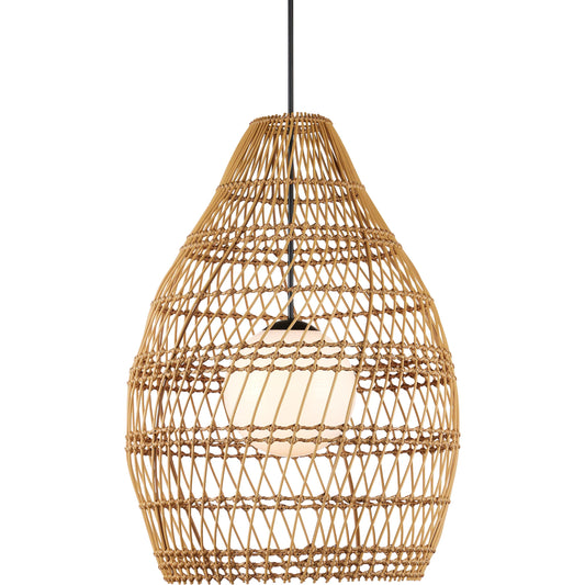 001 SI-2387025 | Primary Silo | Fishtrap Outdoor Pendant by Currey and Company in natural, black, frosted white. Made from all-weather wicker, metal, glass in a unique style.