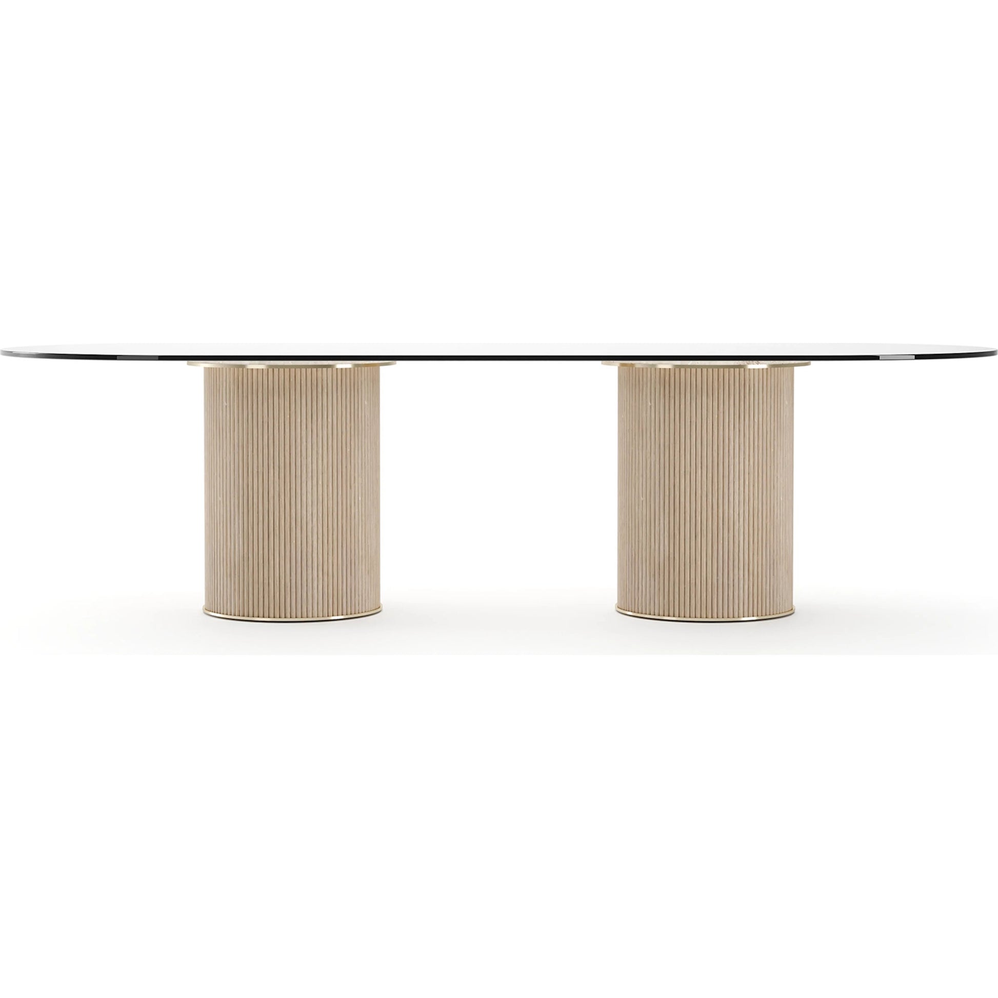Rhythm Oval Glass Top Dining Table by Caracole in oak, bronze and sun drenched oak. Made from oak in a transitional style.