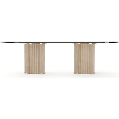 Rhythm Oval Glass Top Dining Table by Caracole in oak, bronze and sun drenched oak. Made from oak in a transitional style.