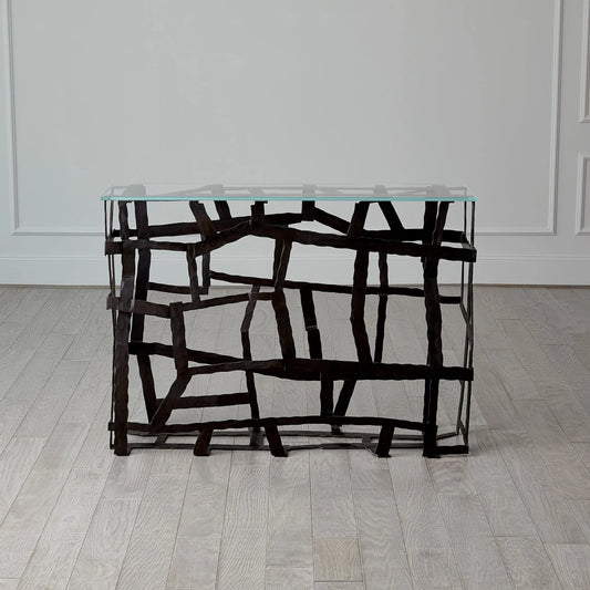 Fragments Console by Global Views in blackened iron. Made from iron, tempered glass in a modern style.