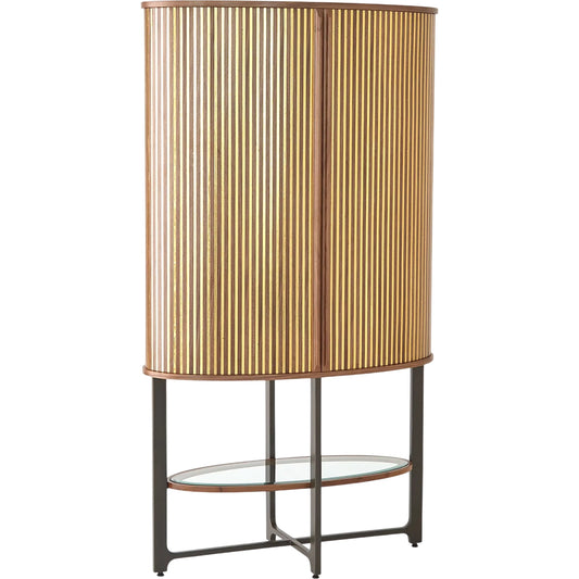Cabriolet Tall Cabinet by Global Views in gunmetal, gold leaf, walnut. Made from walnut wood, gmelina wood, mdf, black iron metal, porcelain, tempered glass in a traditional style.