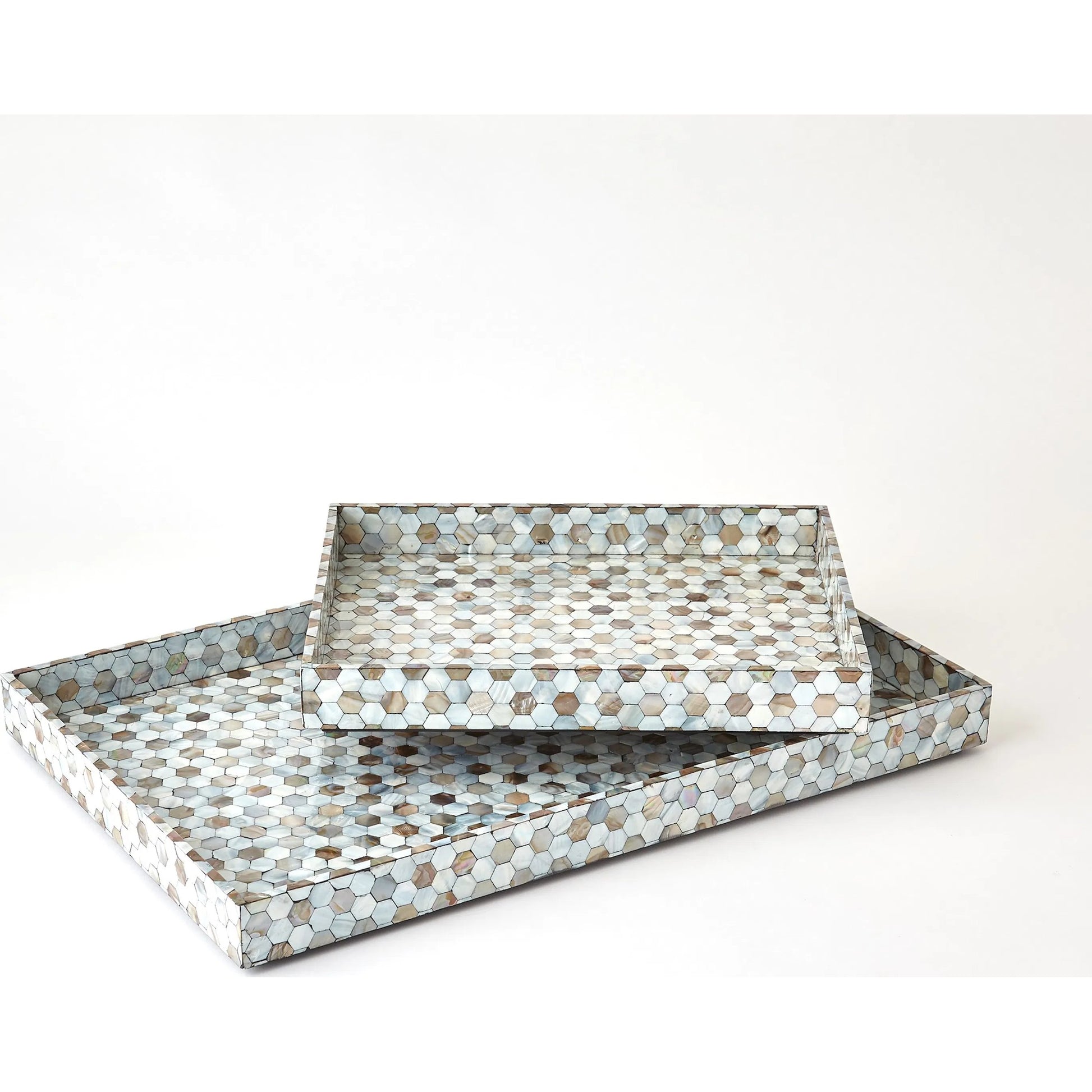 Mother of Pearl Tray by Global Views. Made from mdf, plywood, mother of pearl in a coastal style.