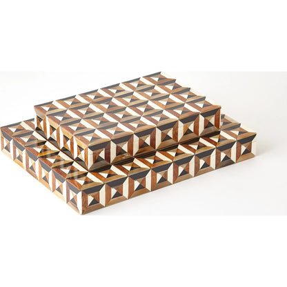 Triangle Marquetry Box by Global Views in natural. Made from mdf teak wood, bone, resin, teak in a unique style.