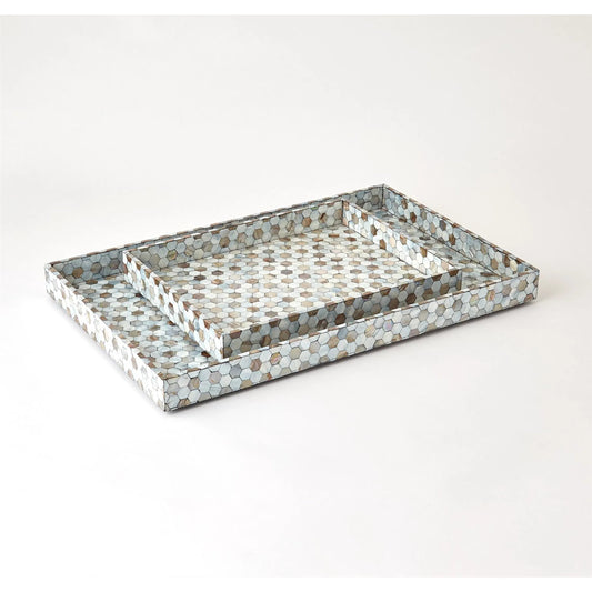 Mother of Pearl Tray by Global Views in pale blue. Made from mdf, plywood, mother of pearl in a coastal style.