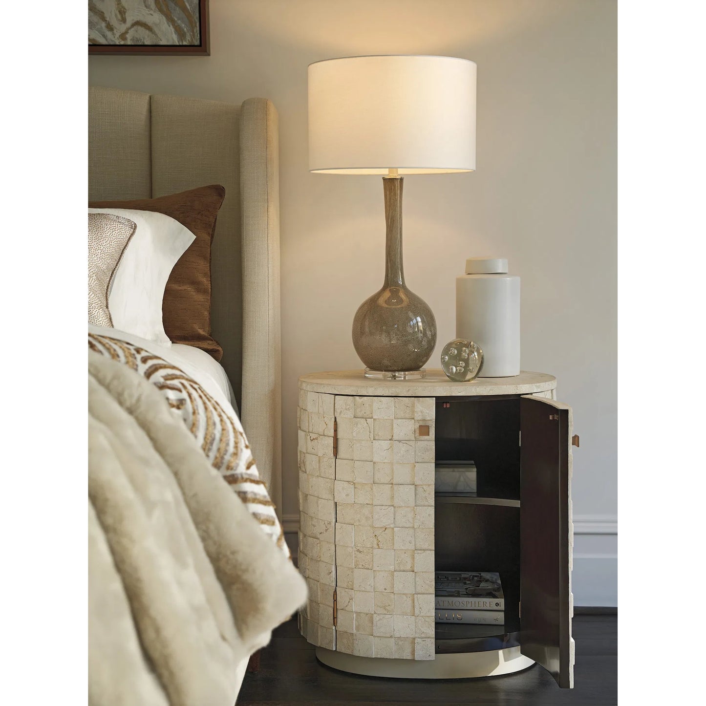 004 SI-2371319 | Lifestyle | Albion Stone Oval Nightstand by Lexington in limestone. Made from unique in a modern style.
