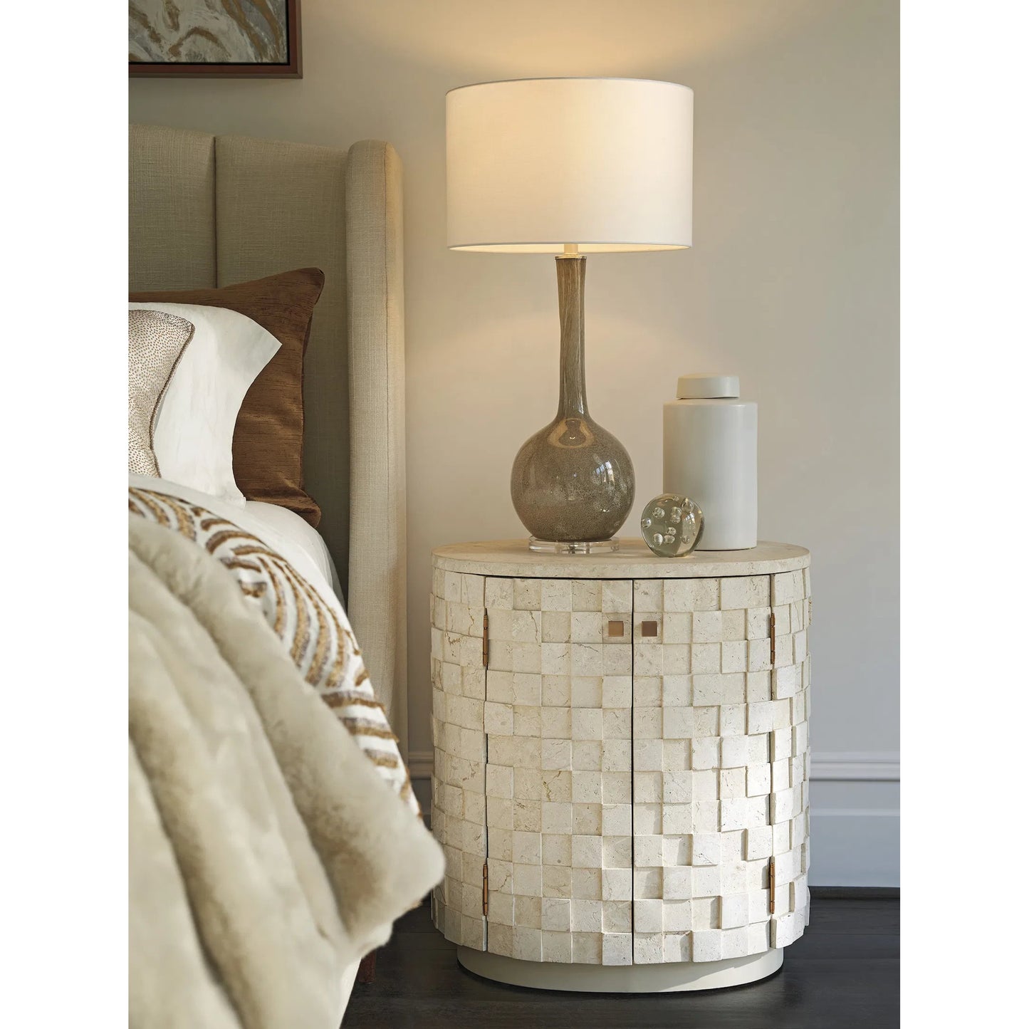 006 SI-2371319 | Lifestyle | Albion Stone Oval Nightstand by Lexington in limestone. Made from unique in a modern style.