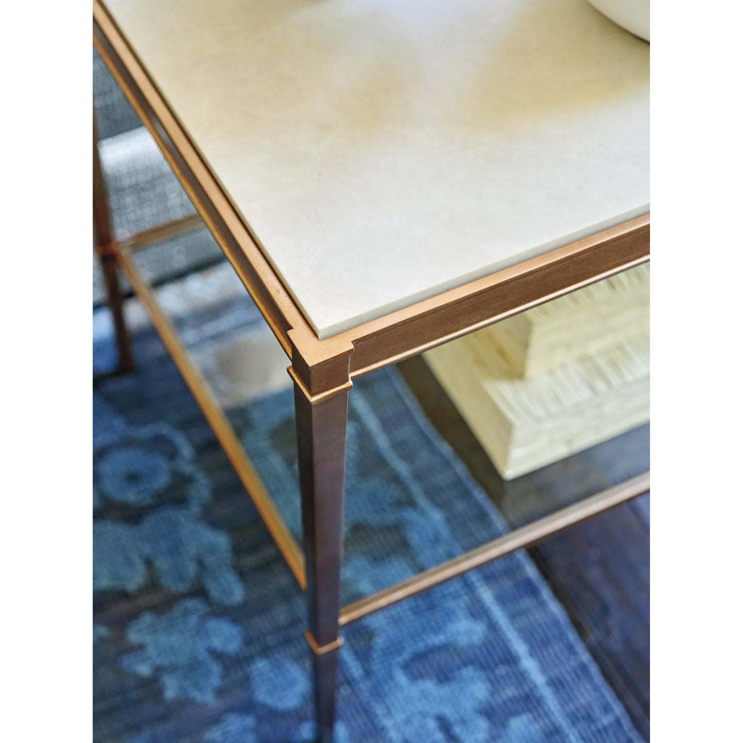 004 SI-2540558 | Closeup | Bulgari Rectangle End Table by Lexington in ivory, rose gold. Made from marble, metal, glass in a unique style.