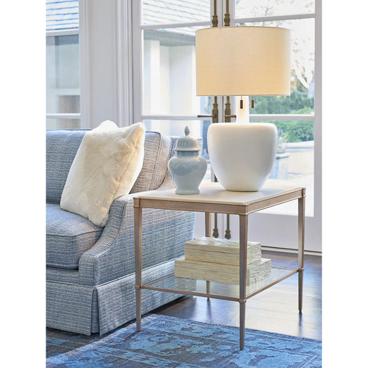 Bulgari Rectangle End Table by Lexington in ivory, rose gold. Made from marble, metal, glass in a unique style.