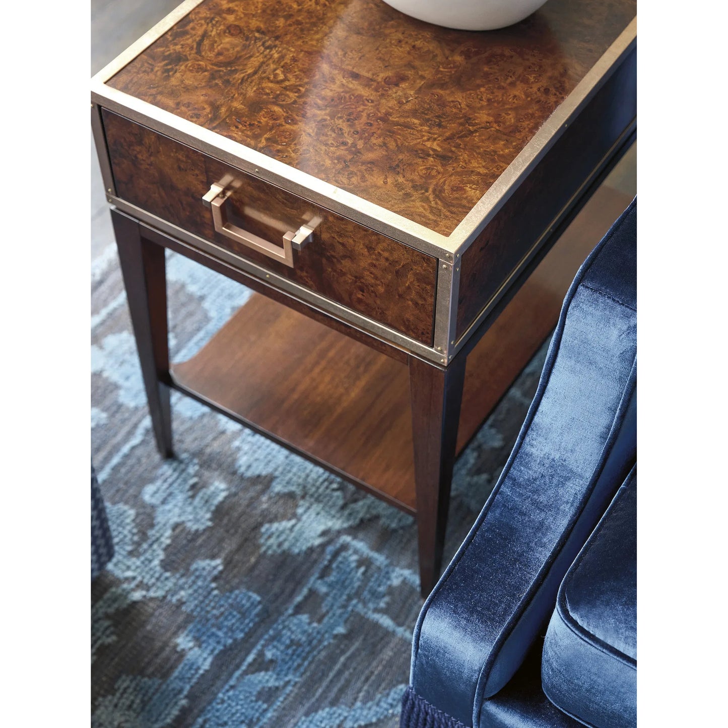 003 SI-2371337 | Closeup | Shelton Box On Stand End Table by Lexington. Made from walnut, metal in a modern style.