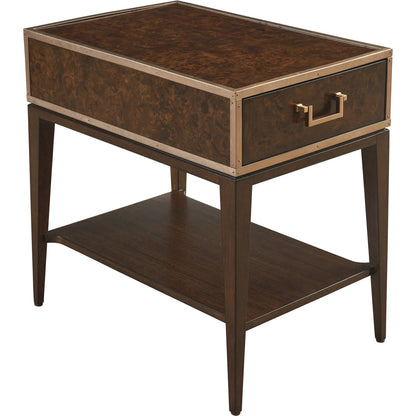 Shelton Box On Stand End Table by Lexington. Made from walnut, metal in a modern style.