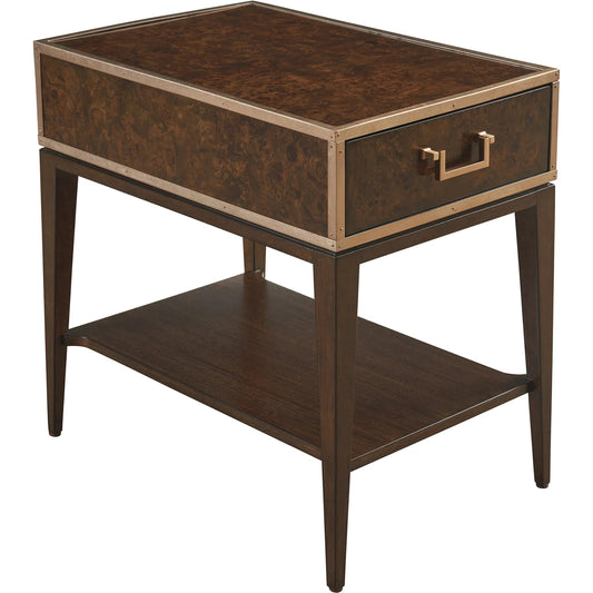 Shelton Box On Stand End Table by Lexington. Made from walnut, metal in a unique style.
