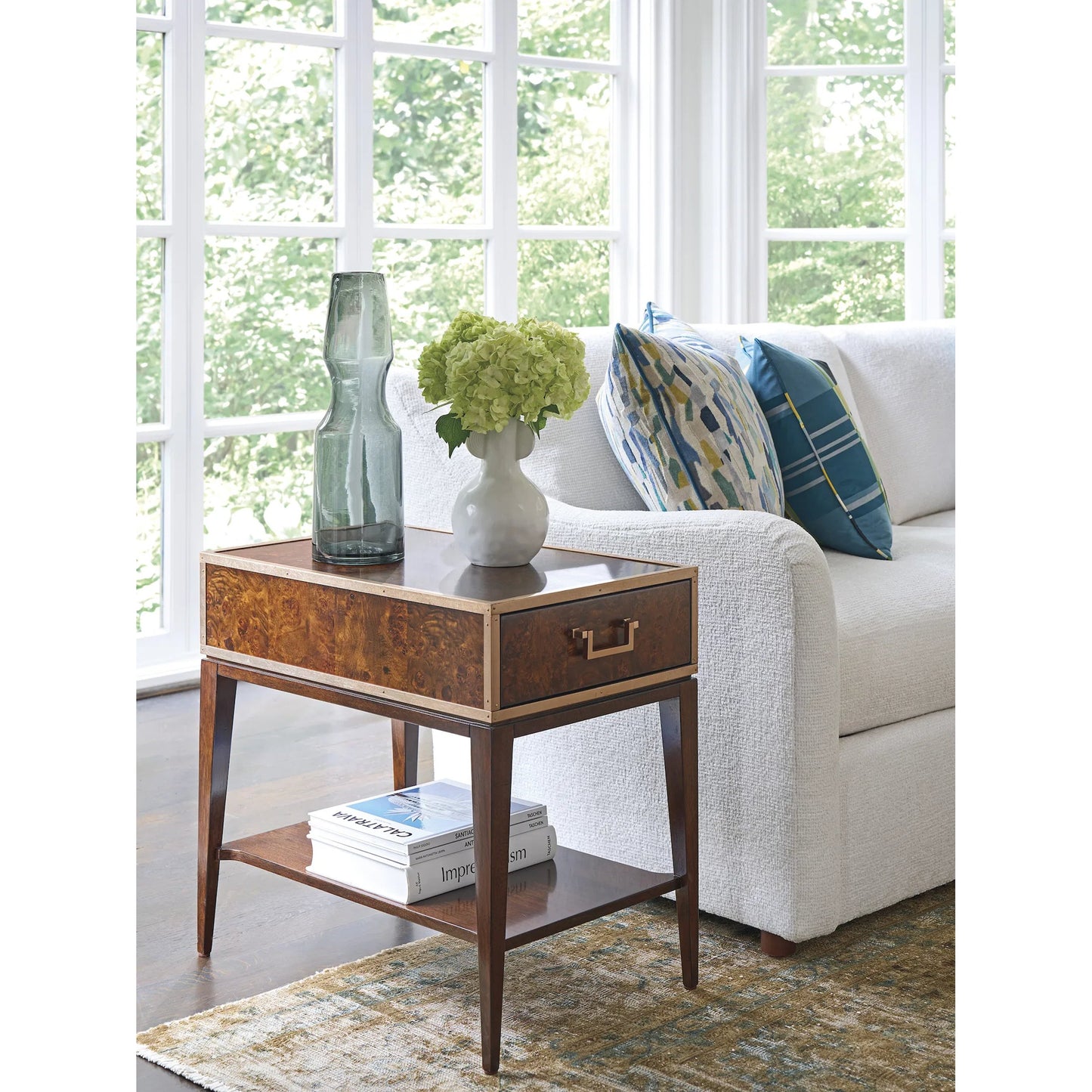 005 SI-2371337 | Lifestyle | Shelton Box On Stand End Table by Lexington. Made from walnut, metal in a modern style.