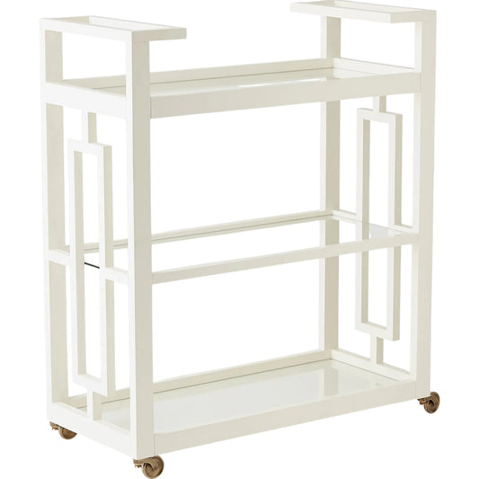 Grid Block Bar Cart by Global Views in matte white and antique brass. Made from mdf, poplar in a transitional style.