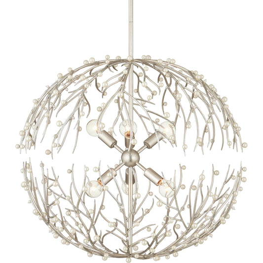 Shinju Pearl Orb Chandelier by Currey and Company in natural, contemporary silver leaf. Made from pearl, wrought iron in a unique style.